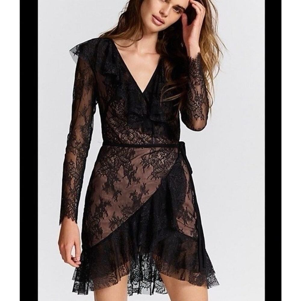 NWT For Love & Lemons Daphne Lace Wrap Mini Dress Black Nude Sheer Ruffle M